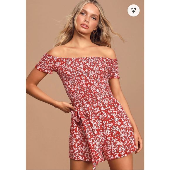 Lulus Pants - NWT Lulu’s Charming Look Red Floral Print Smocked Off-the-Shoulder Romper